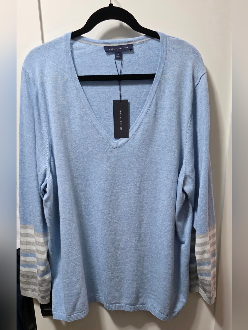 Tommy Hilfiger Light Blue V-Neck Sweater with Striped Cuffs NWT 2X